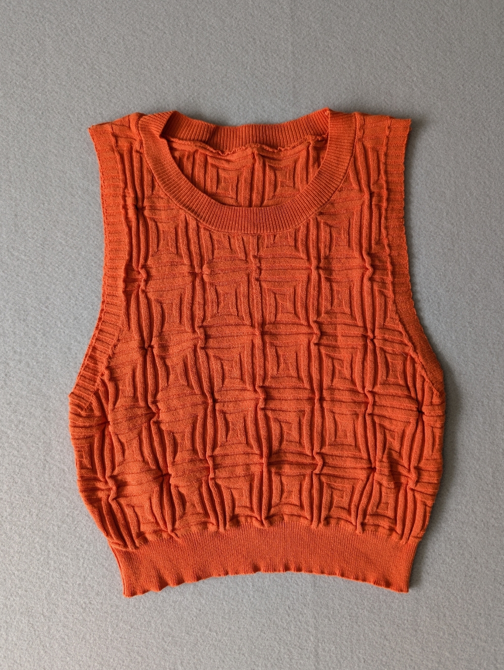 Orange Geometric Knit Sleeveless Sweater Crop Top Sz S Dopamine Kidcore Retro image 2